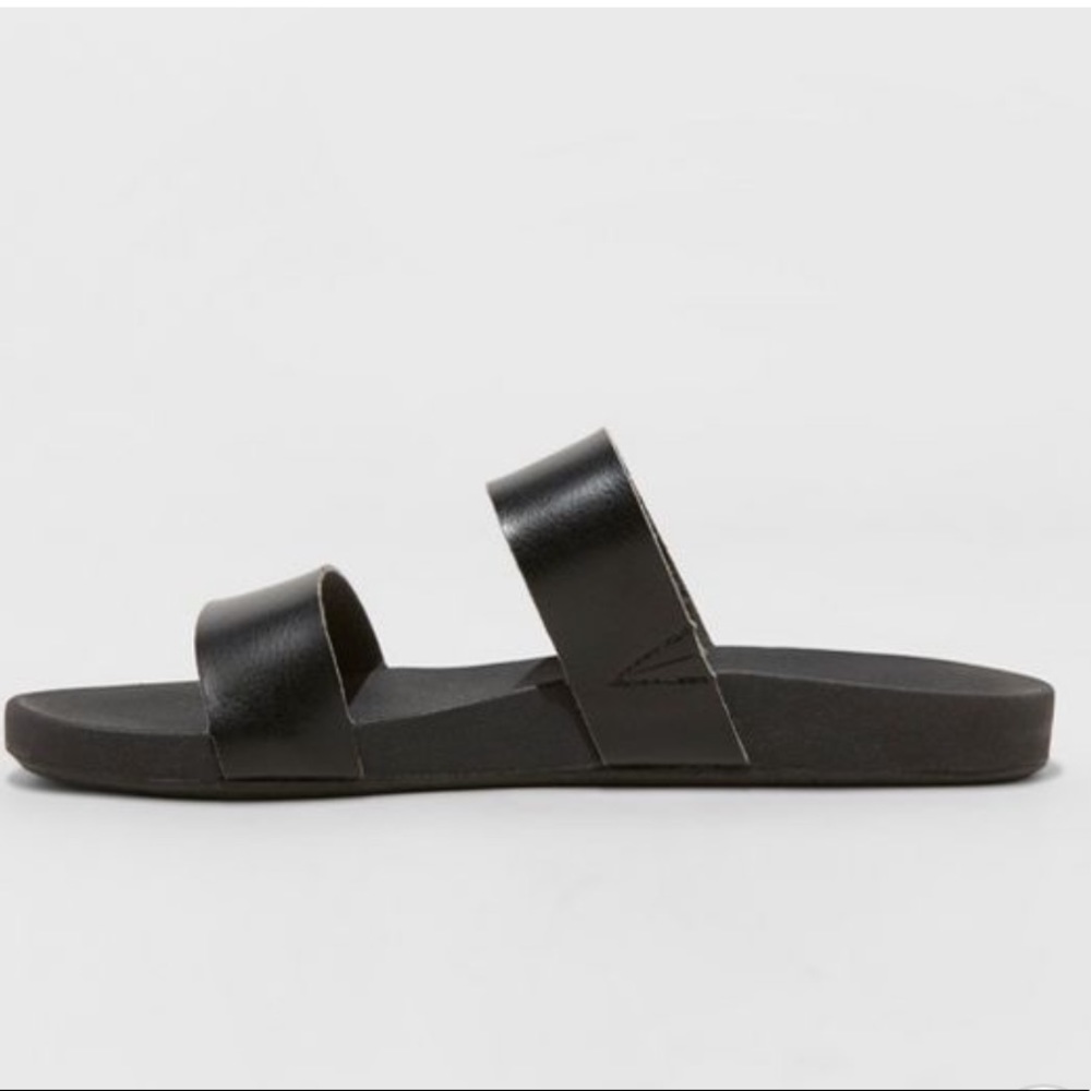 Black two strap slip on faux leather sandal